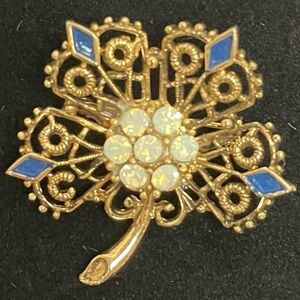 Elegant Gold and Blue Clover Brooch